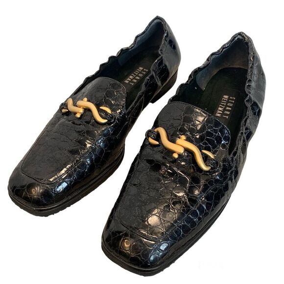 Stuart Weitzman black Croc embossed patent leather gold hardware loafer flats 10